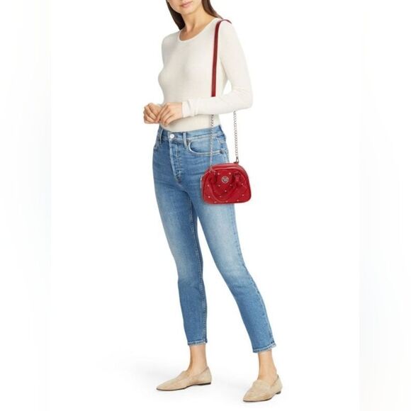 NWT Badgley Mischka Dome Studded & Quilted Convertible Top Handle Bag in Red - Picture 5 of 11